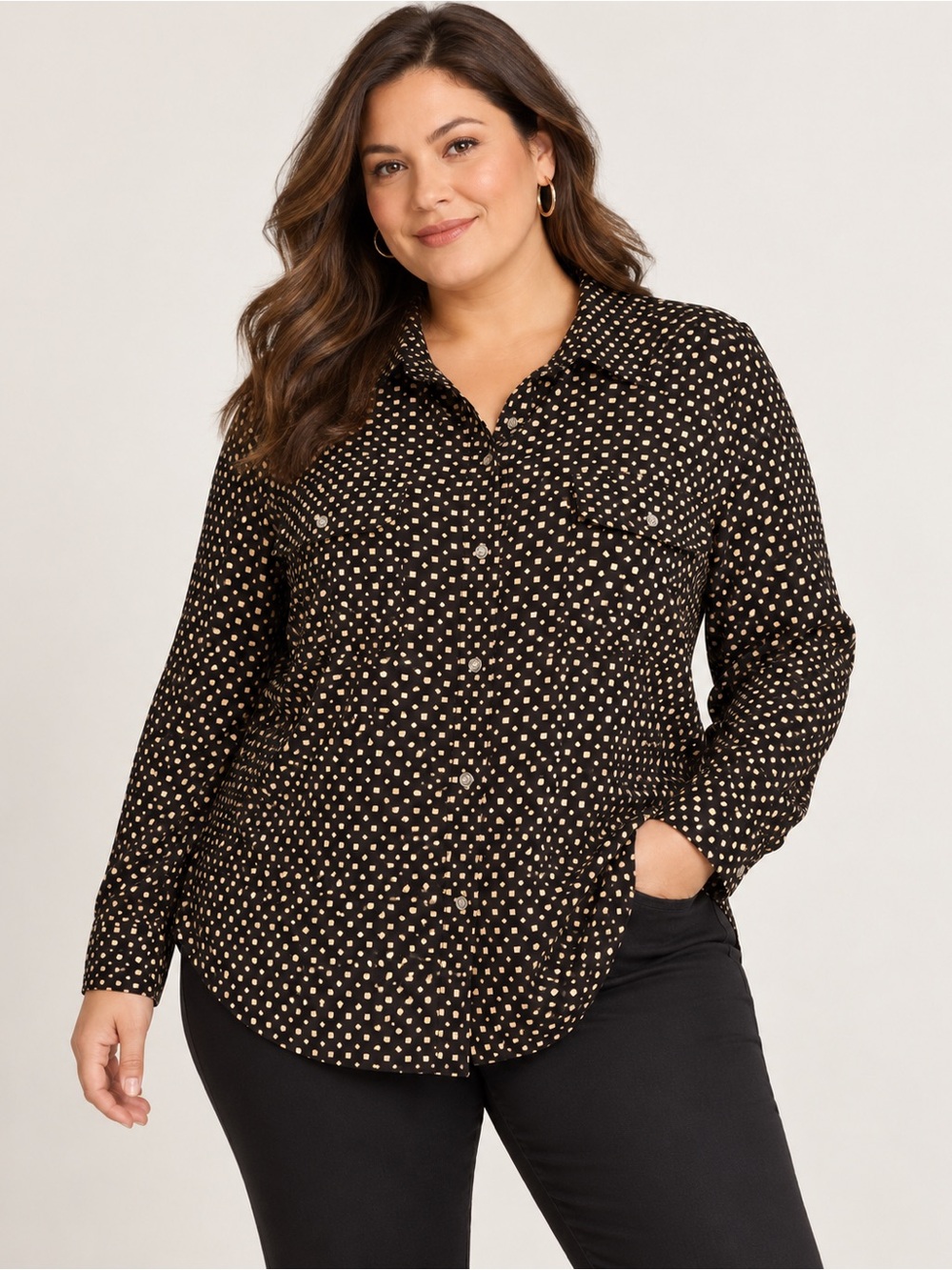 Lauren Ralph Lauren Geometric Button Down 2X NWT Black Tan Office Brunch Travel
